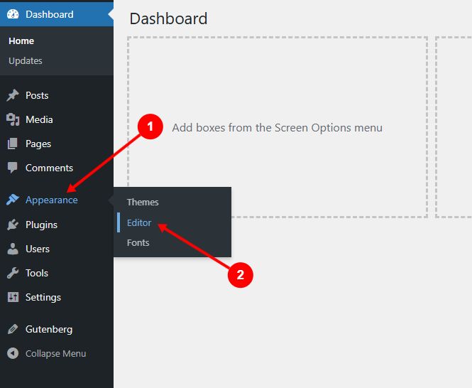 WordPress dashboard showing the path from Appearance to Editor