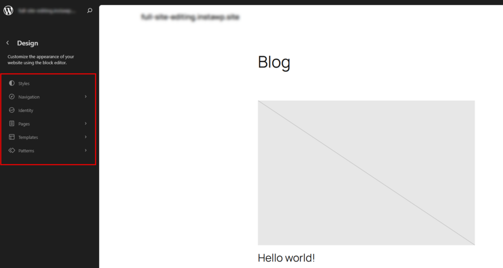 WordPress Site Editor showing the Design menu and a Blog page preview
