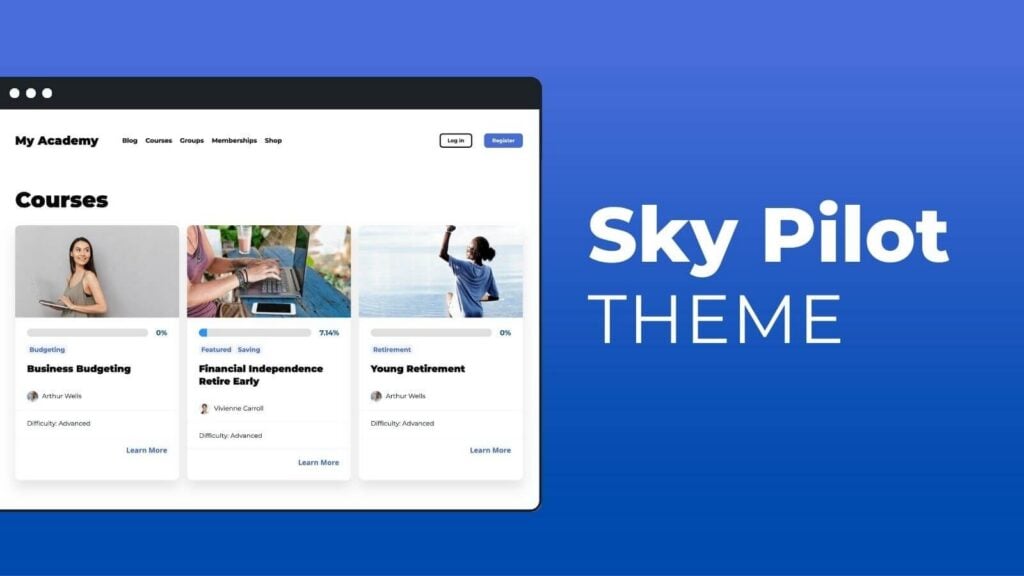Sky Pilot WordPress theme showing a course library with three course cards