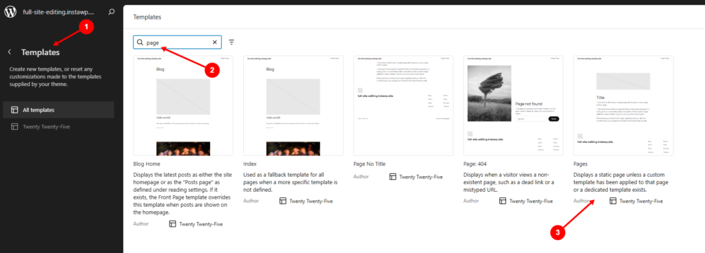WordPress Site Editor Templates screen with the Page template highlighted