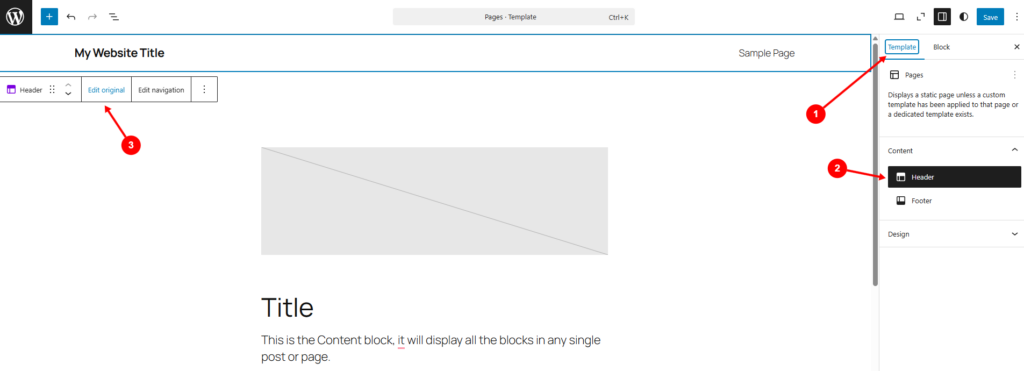 WordPress Site Editor showing a footer template part selected for editing