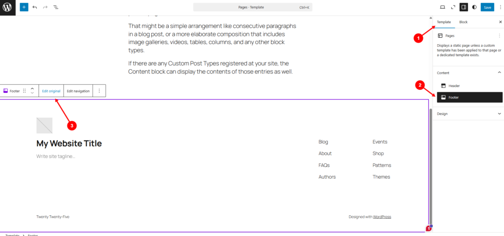 WordPress Site Editor showing a footer template part selected for editing