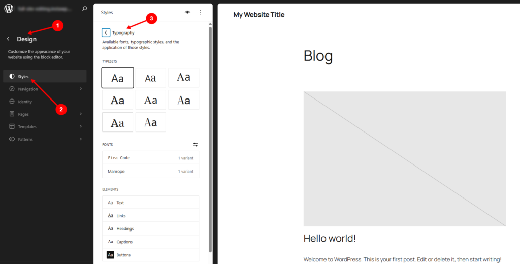 WordPress Site Editor showing global style controls for a page