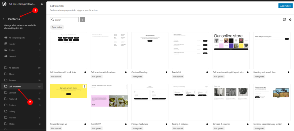 WordPress Site Editor showing a selection of reusable patterns