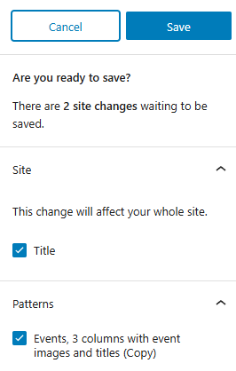 WordPress Site Editor save panel showing changes to styles and patterns