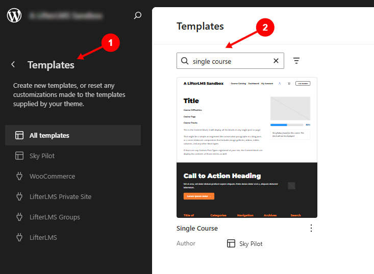 WordPress Site Editor Templates screen showing the Single Posts template