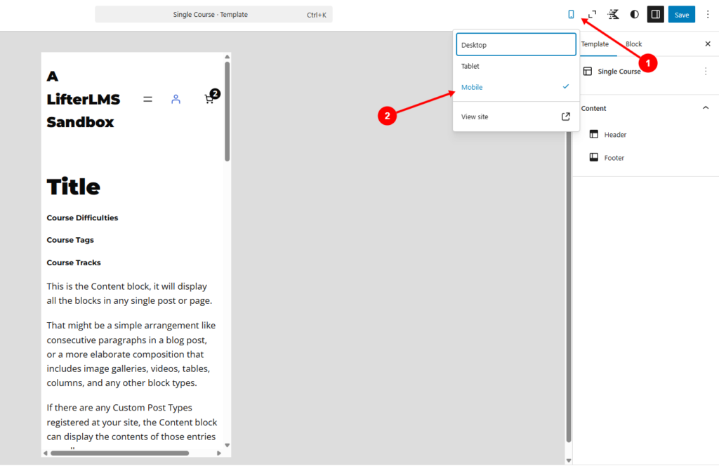 WordPress editor showing the Options menu and a page preview