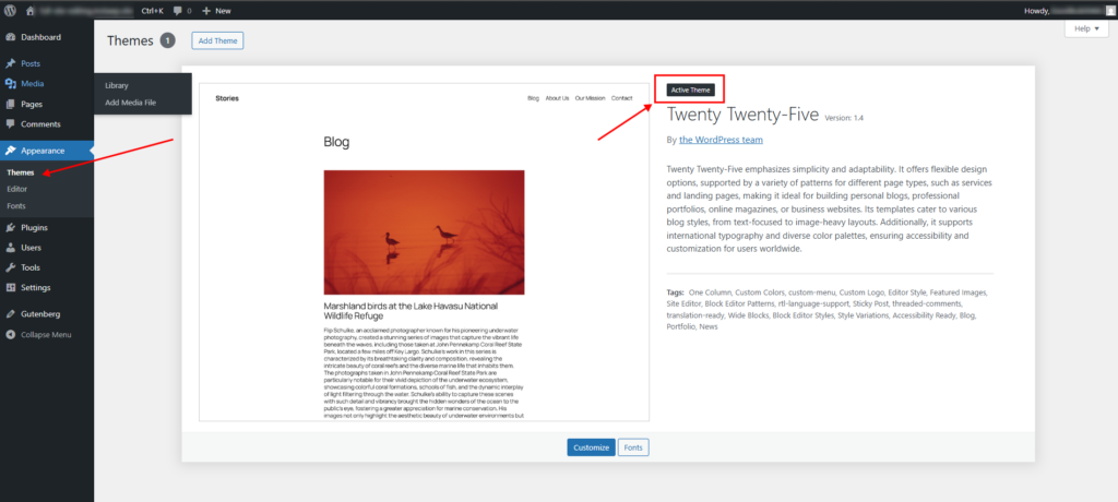 WordPress Themes screen showing the active Twenty Twenty-Five block theme