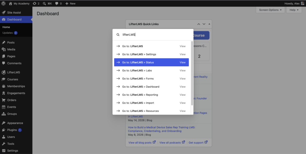 WordPress Command Palette showing search results for navigating the Site Editor