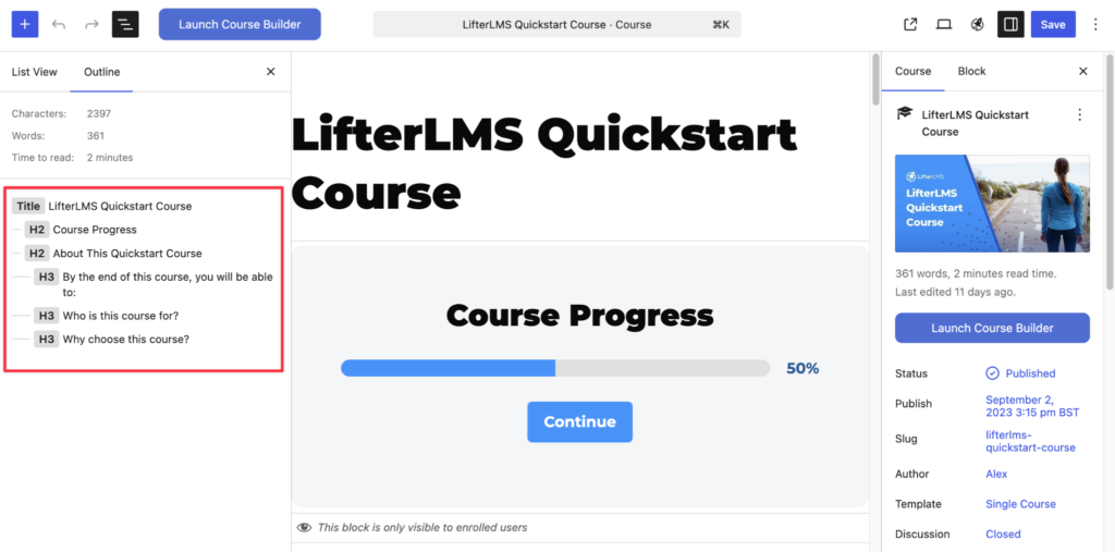 Course page example showing a clear heading structure and course progress information
