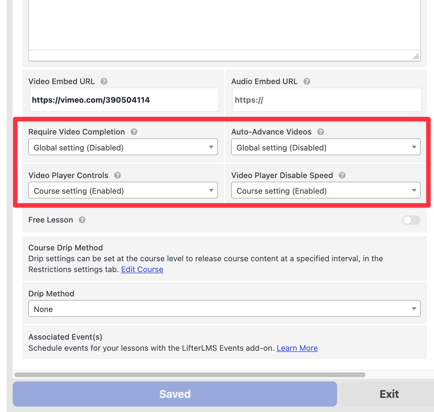 Advanced video settings lifterlms