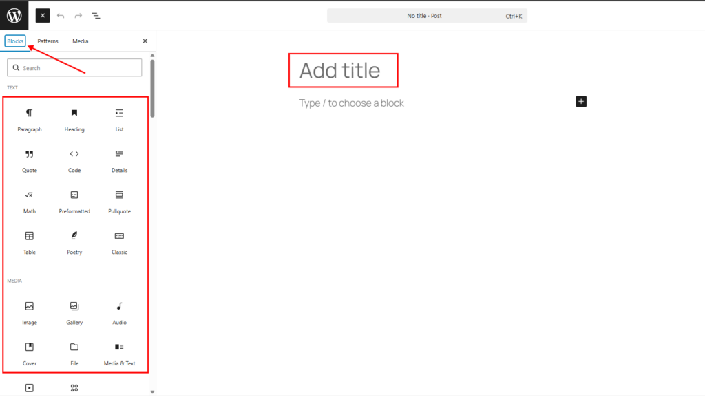 WordPress Block Editor with the block inserter open beside a new post