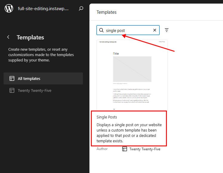 WordPress Site Editor Templates screen with the Single Posts template selected