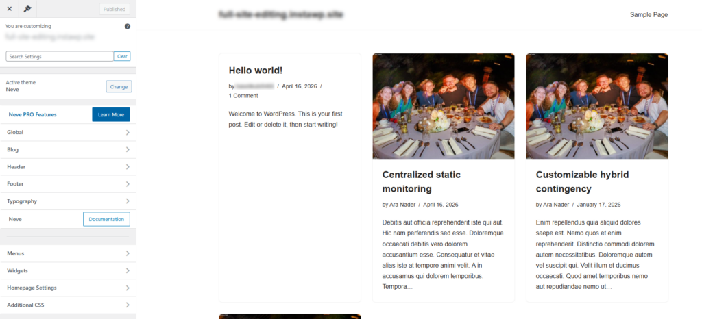 WordPress Customizer beside a preview of a blog page