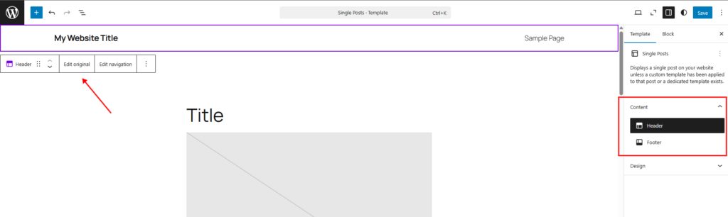 WordPress Site Editor showing the header template part in the Single Posts template