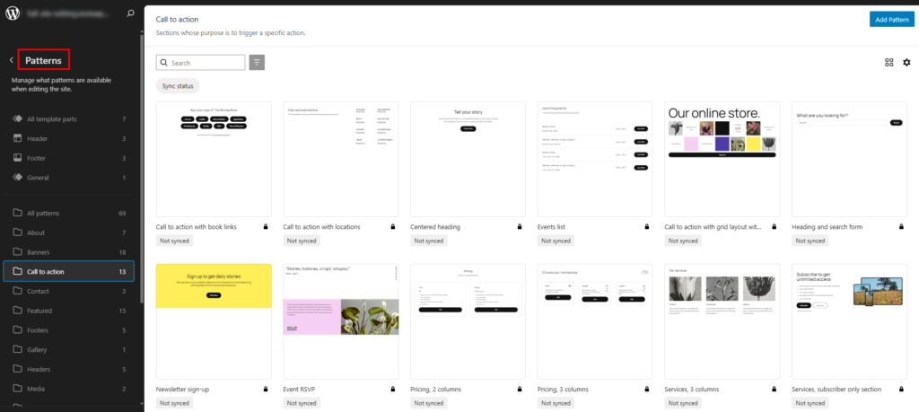 WordPress Site Editor showing a library of reusable patterns