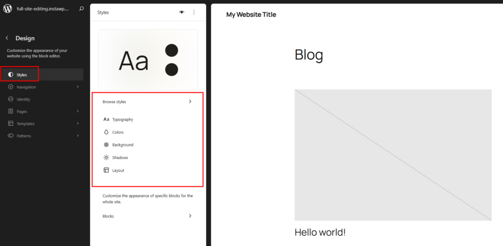 WordPress Site Editor Styles panel beside a blog page preview