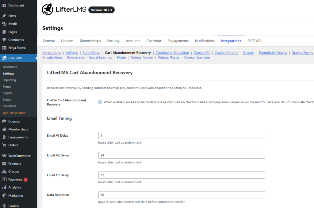 LifterLMS Cart Abandonment Recovery settings screen showing the enable checkbox, recovery email delay fields, and data retention setting.