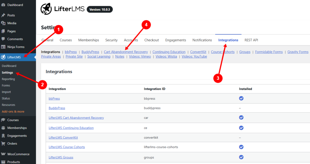 LifterLMS settings screen with red arrows pointing to the Settings menu, Integrations tab, and Cart Abandonment Recovery link.
