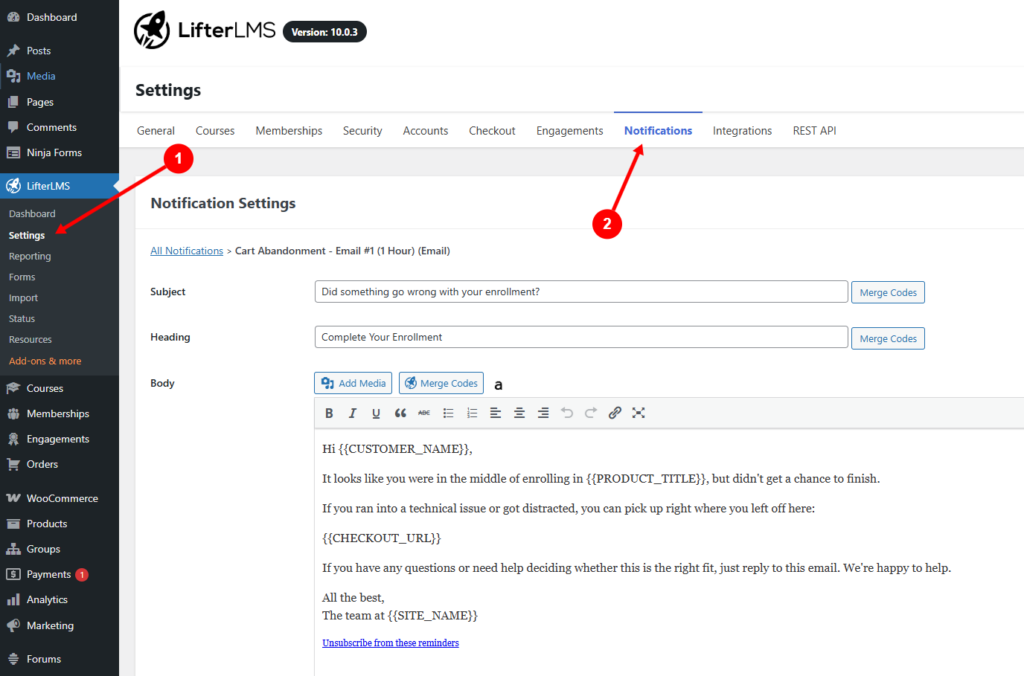 LifterLMS notification editor showing a Cart Abandonment Email template with fields for subject, heading, and email body content.