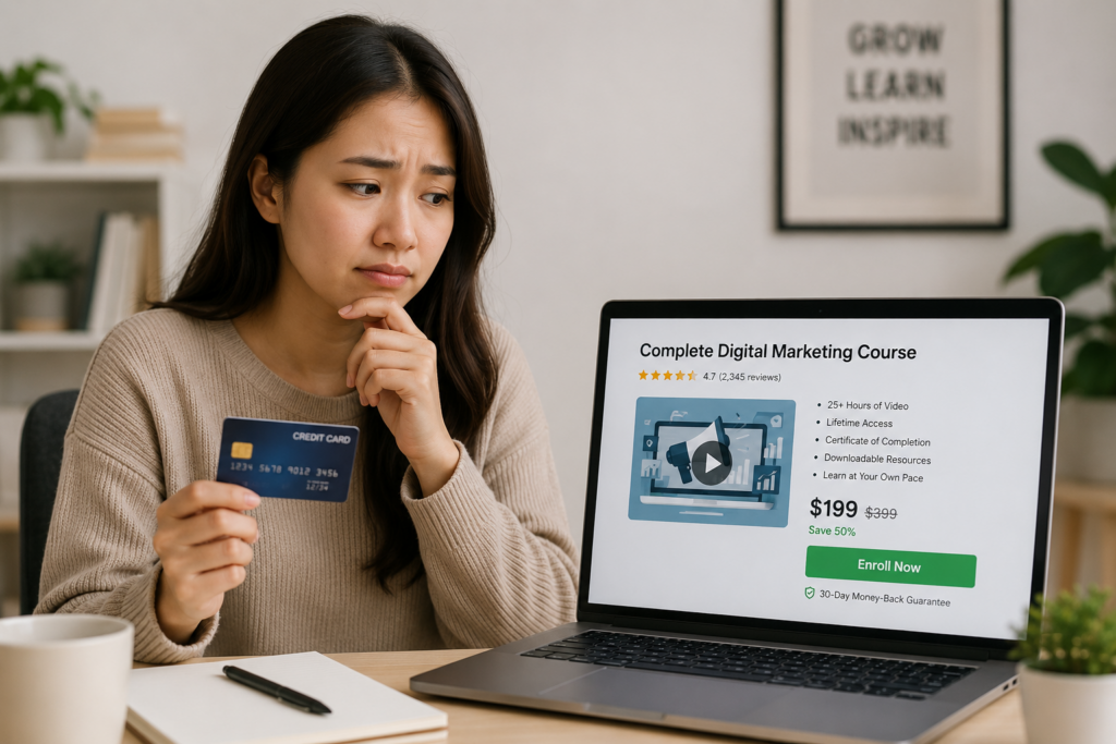 Person holding a credit card while viewing a digital marketing course checkout page on a laptop.