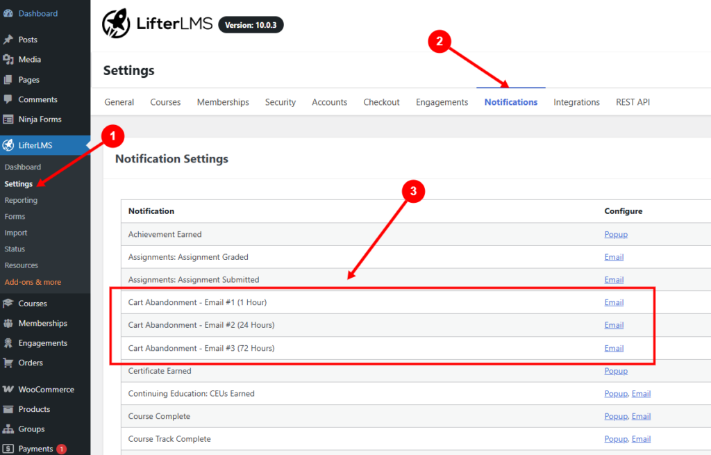 LifterLMS notification settings screen with the three Cart Abandonment Email notifications highlighted in the notification list.