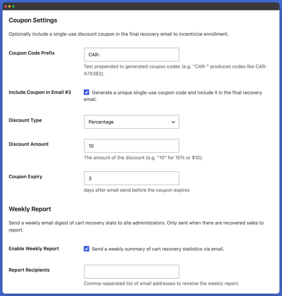 Cart Abandonment Recovery coupon settings showing fields for coupon code prefix, coupon inclusion, discount type, discount amount, and coupon expiry.
