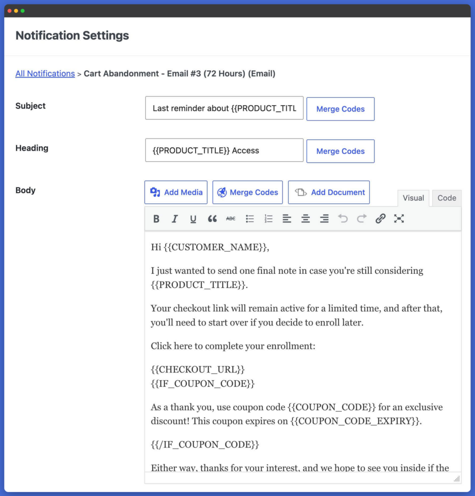 LifterLMS notification editor for a Cart Abandonment Email, showing the subject, heading, body field, and merge code buttons.