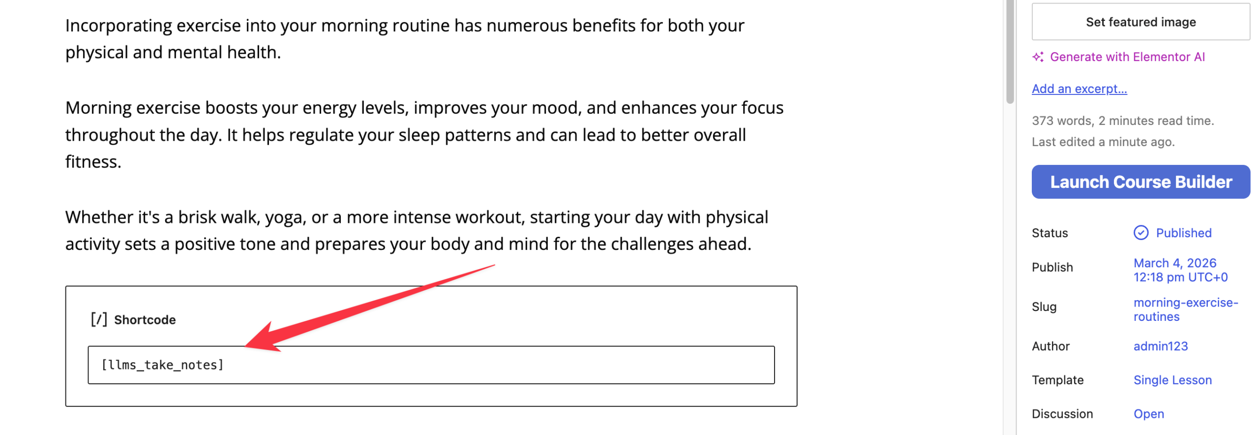 use LifterLMS notes shortcode
