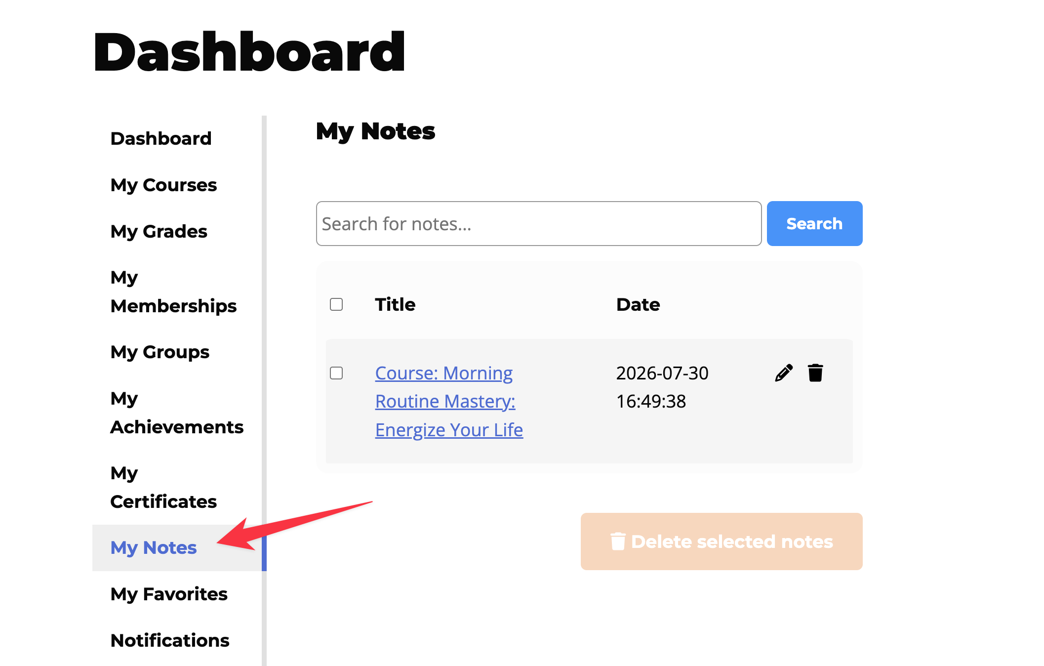 viewing notes in LifterLMS dashboard