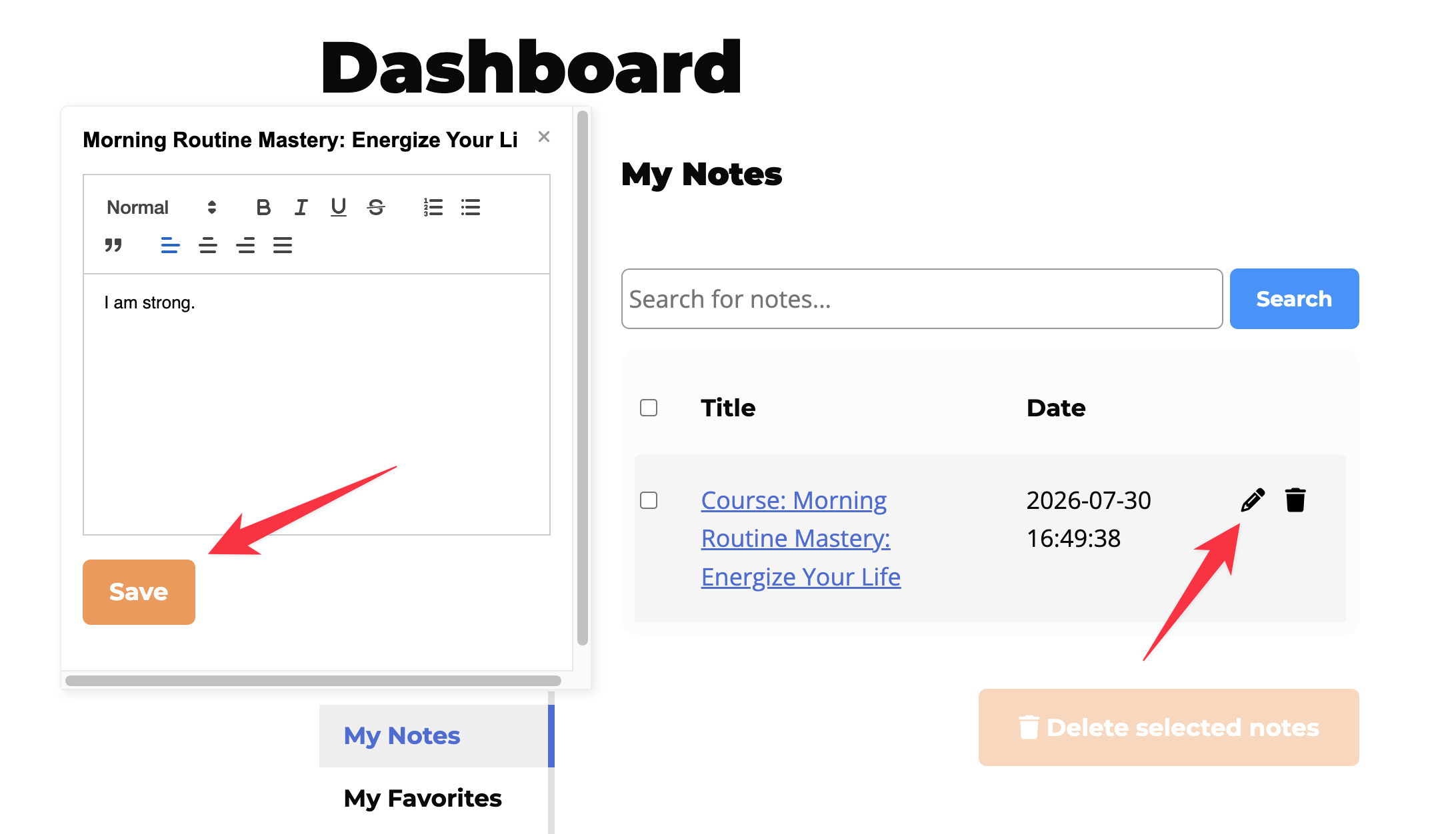 editing notes in LifterLMS