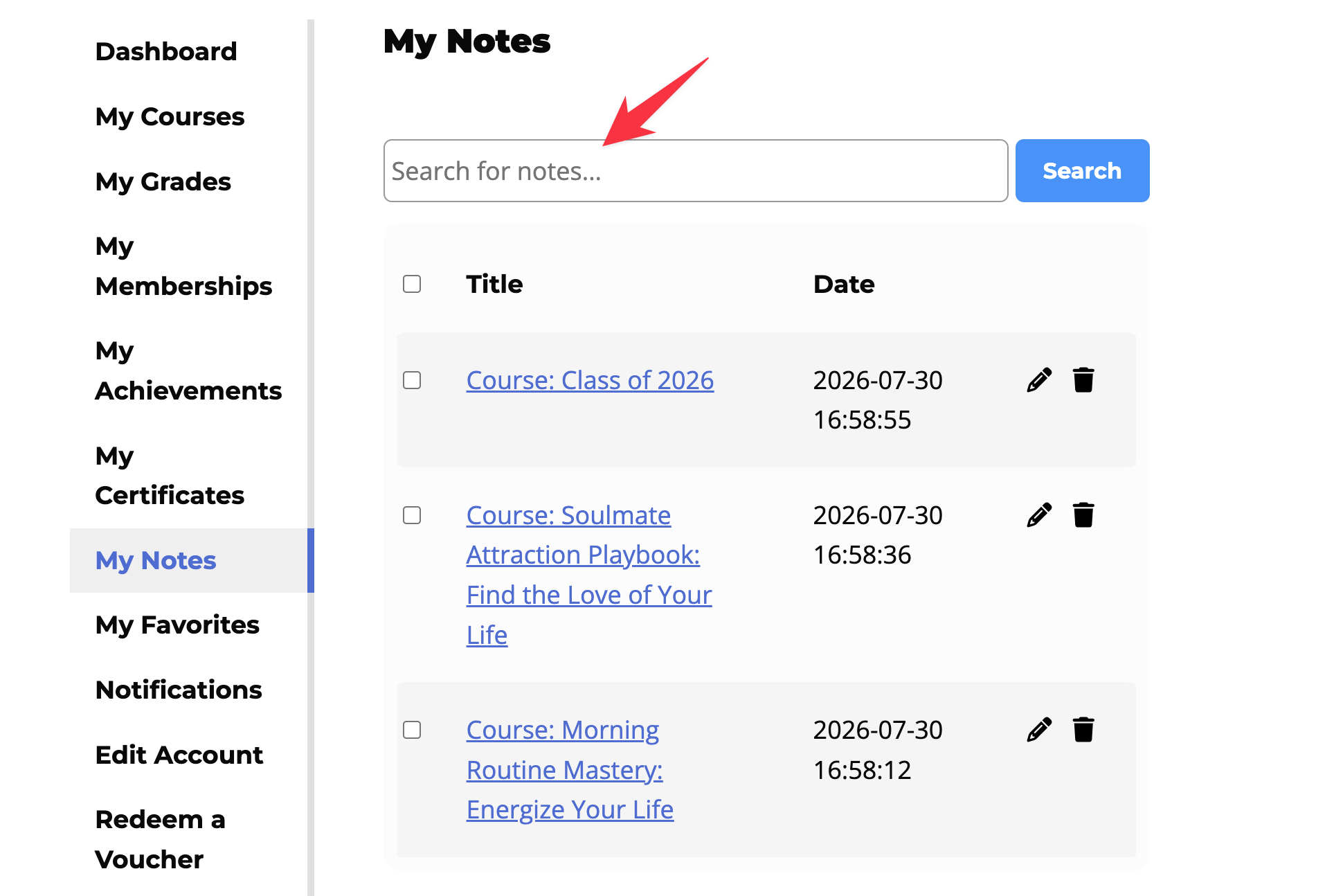 searching for notes in LifterLMS