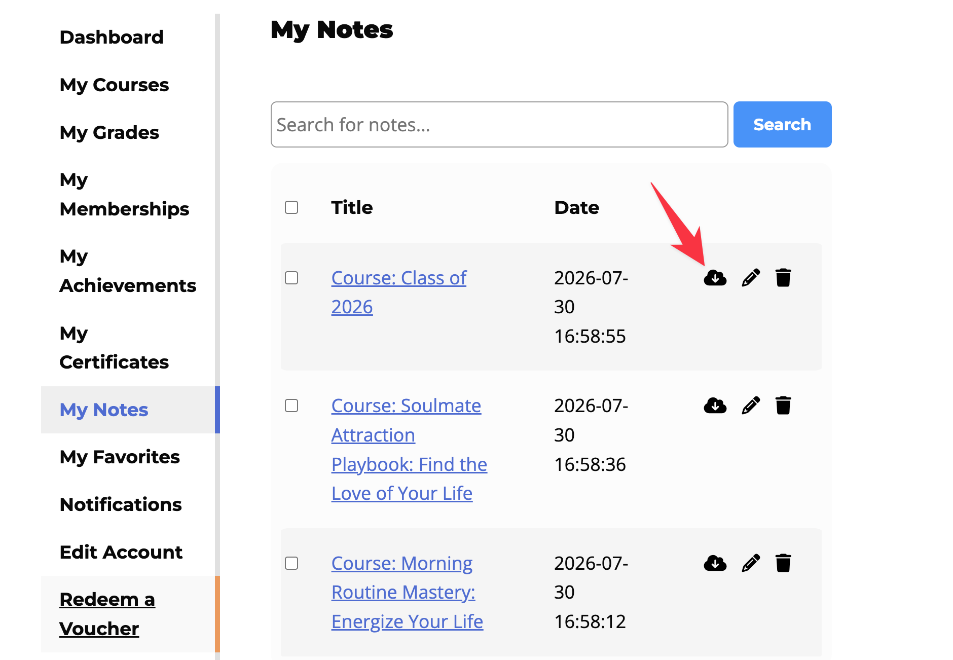 download notes in LifterLMS