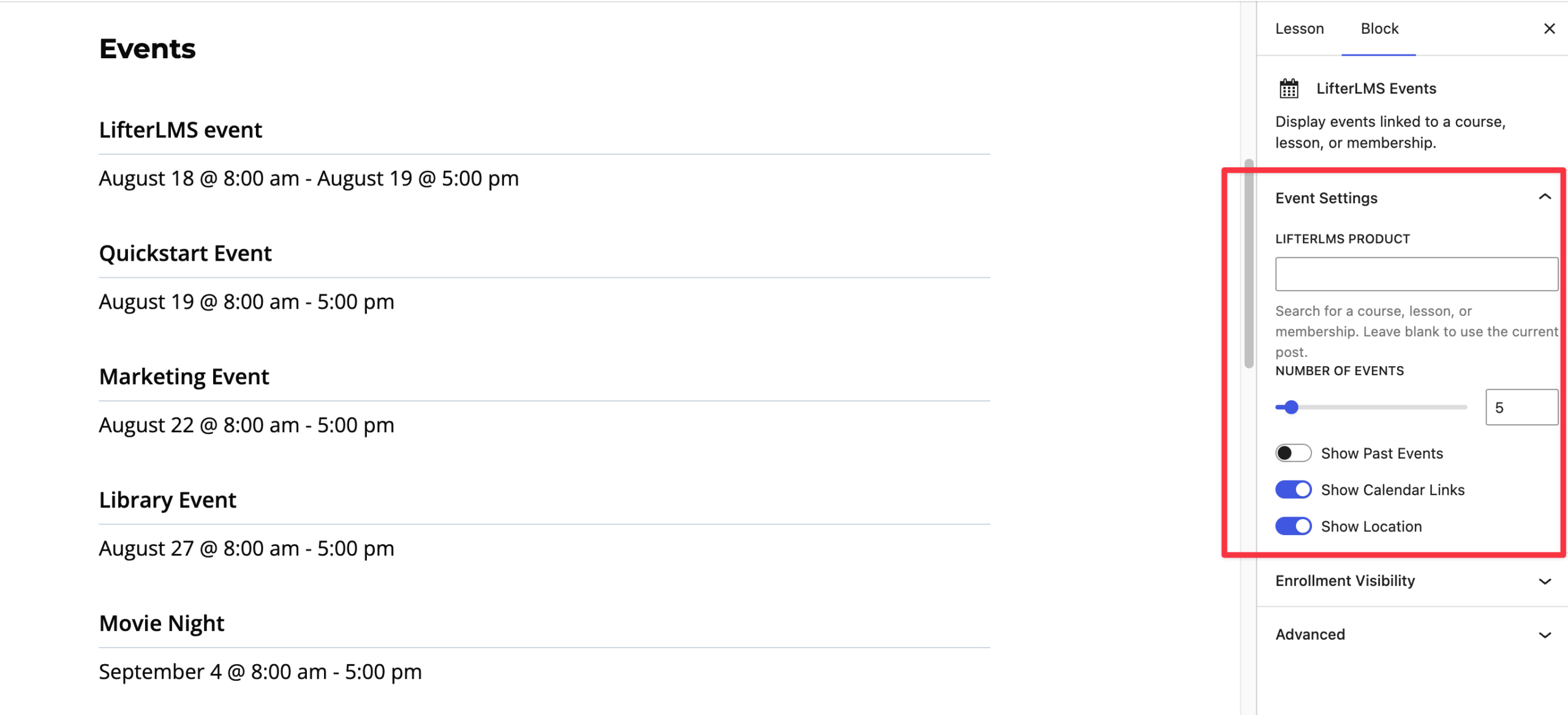 Show LifterLMS events block settings