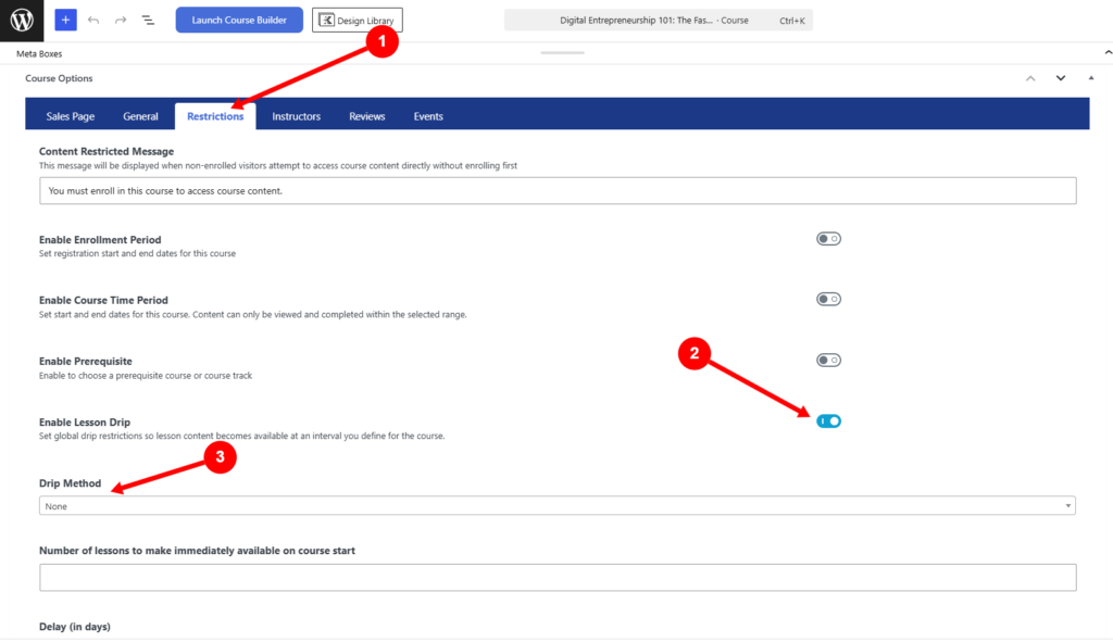 LifterLMS course Restrictions settings showing Enable Lesson Drip and the Drip Method controls for applying a release schedule across a course.