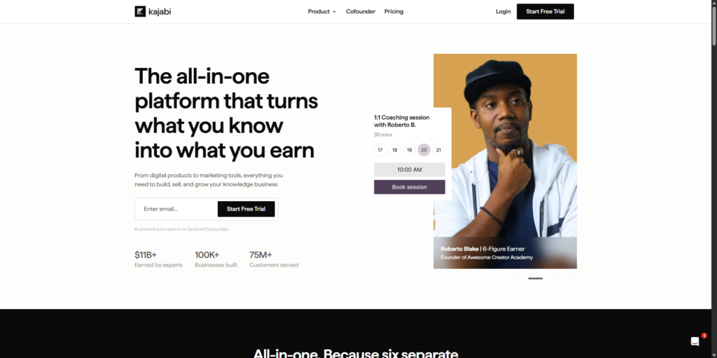 Screenshot of the Kajabi homepage promoting its all-in-one platform for courses, coaching, marketing, and online business.