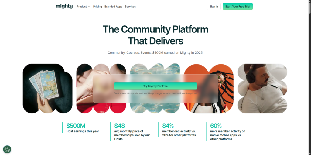Screenshot of the Mighty Networks homepage promoting its community platform for courses, events, memberships, and member interaction.