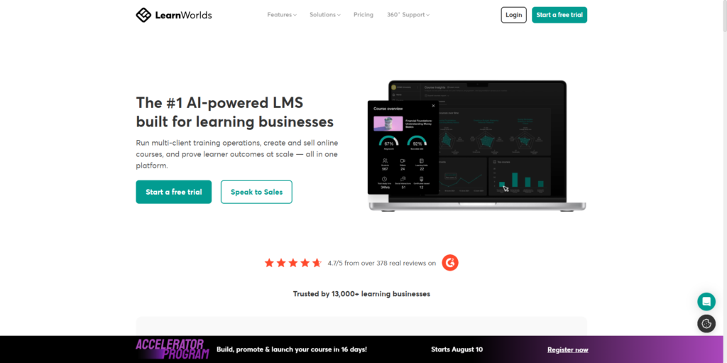 Screenshot of the LearnWorlds homepage promoting its LMS for online courses, training programs, and learning businesses.