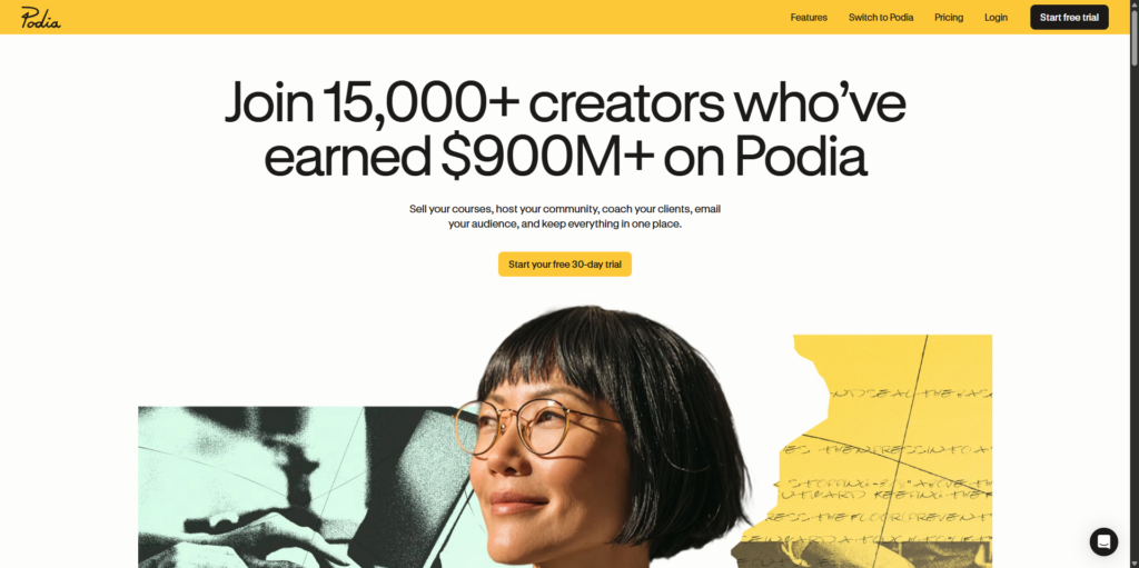 Screenshot of the Podia homepage promoting its platform for selling courses, digital products, coaching, and community access.