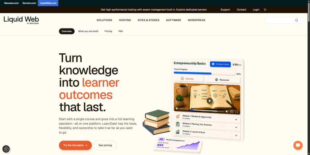 Screenshot of the LearnDash website showing its WordPress LMS and course interface.