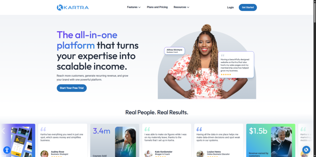 Screenshot of the Kartra homepage promoting its all-in-one platform for marketing, sales, automation, and digital products.