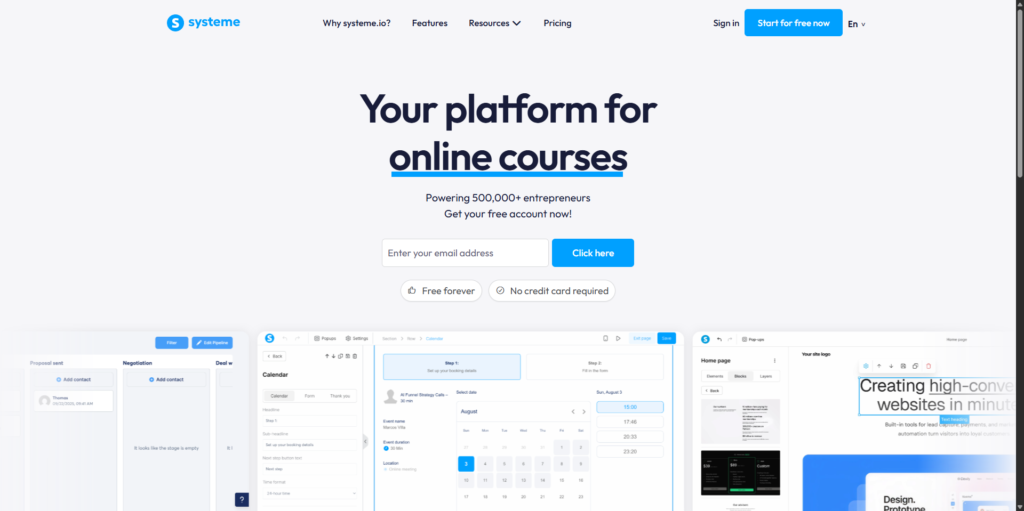 Screenshot of the Systeme.io website promoting its platform for online courses, funnels, email marketing, automation, and other business tools.