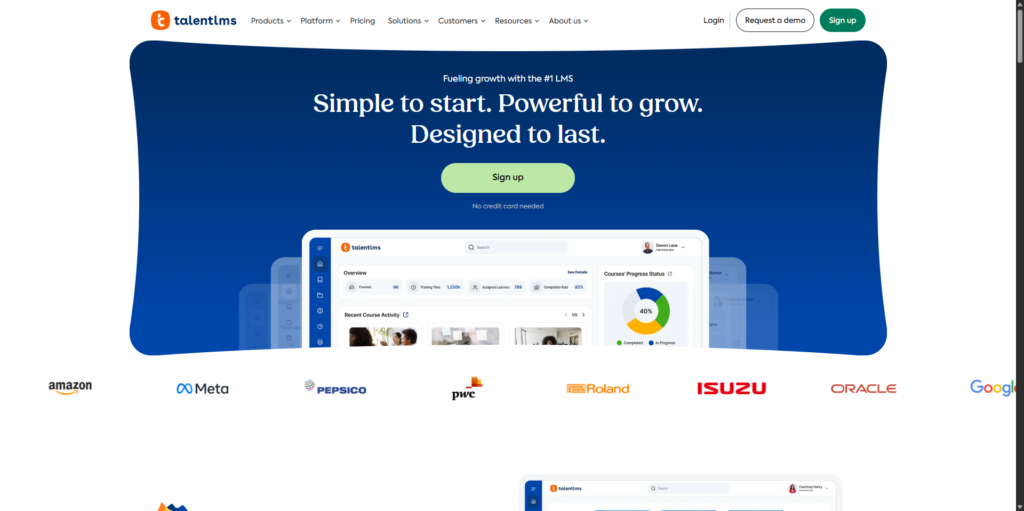Screenshot of the TalentLMS homepage showing its training platform and learning management dashboard.