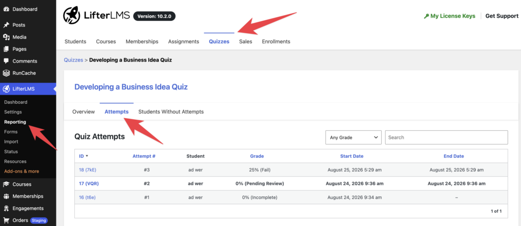 LifterLMS Quizzes report