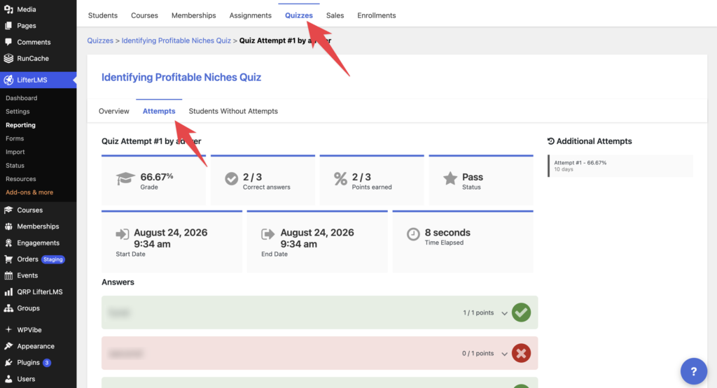 Quiz attempts in lifterLMS