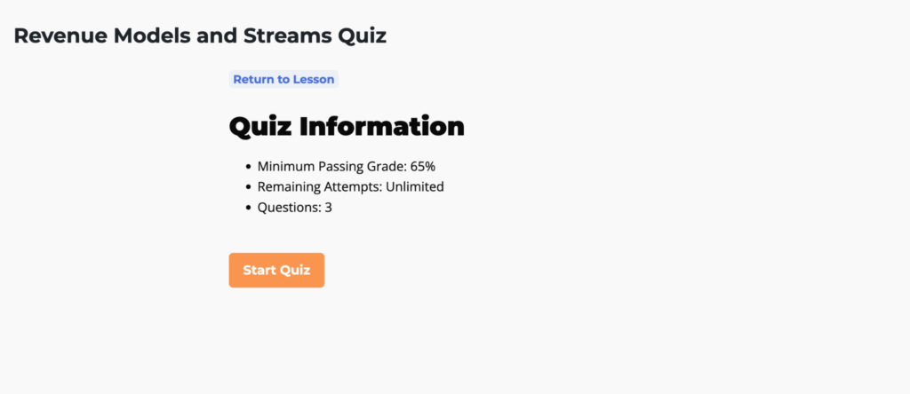 LifterLMS quiz screen showing quiz information, passing grade, remaining attempts, question count, and the Start Quiz button.