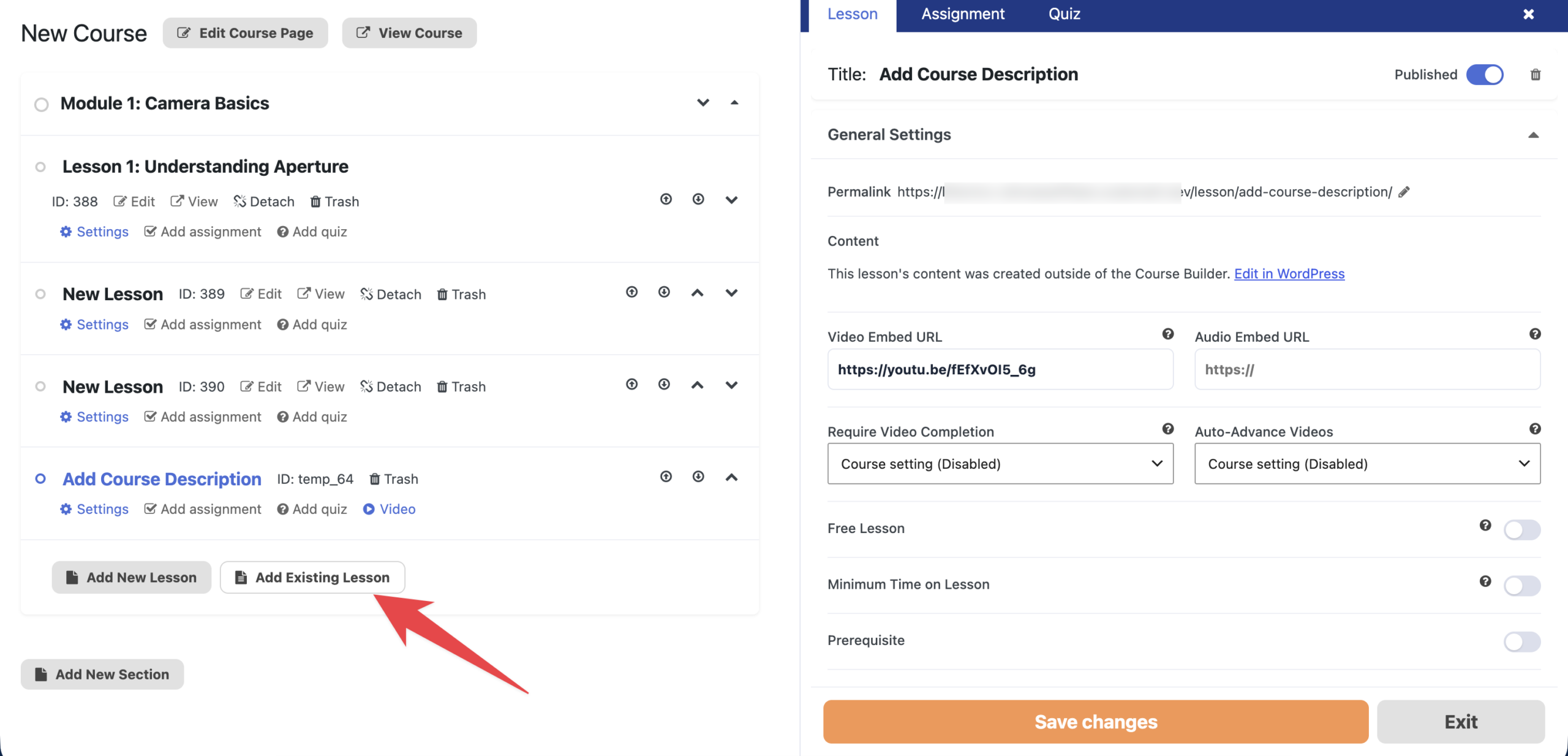 Add existing lesson to course builder.
