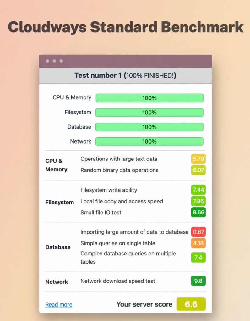 Cloudways Standard WordPress benchmark showing an overall server score of 6.6