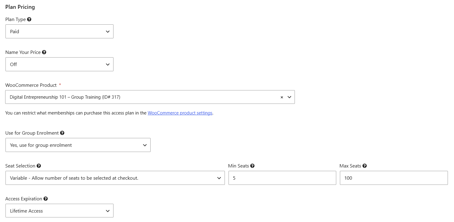 LifterLMS access plan settings with a WooCommerce product selected, group enrollment turned on, variable seat selection from 5 to 100 seats and lifetime access