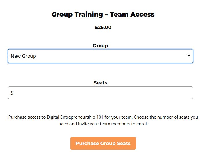 Pricing table with an existing group selected and 5 more seats chosen before purchase
